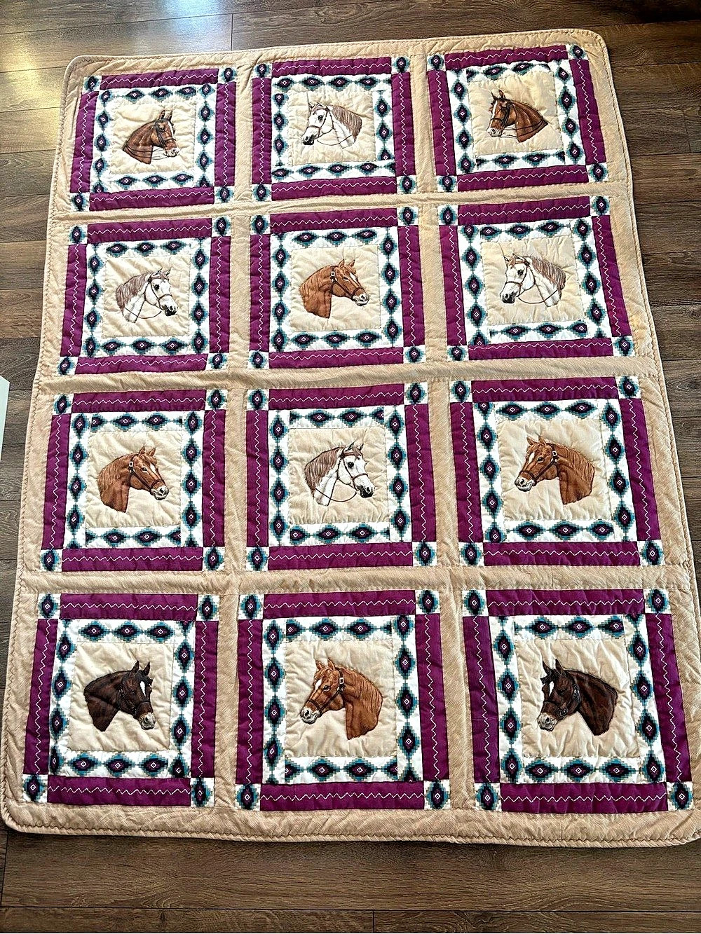 Horse Print Quilt in Brown & Purple Like New 51.5x68”